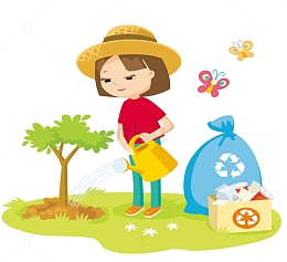 卡通小女孩浇花种树植树节素材