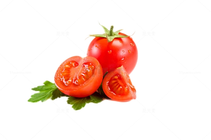 实物新鲜红色带腾切开叶子番茄