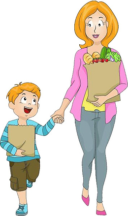 母子俩买菜回家