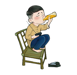 卡通手绘喝汽水的小男孩