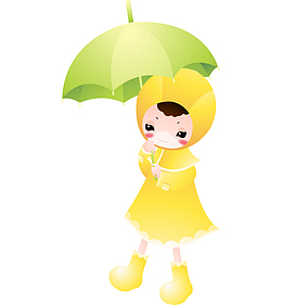 卡通手绘穿雨衣打着雨伞小女孩