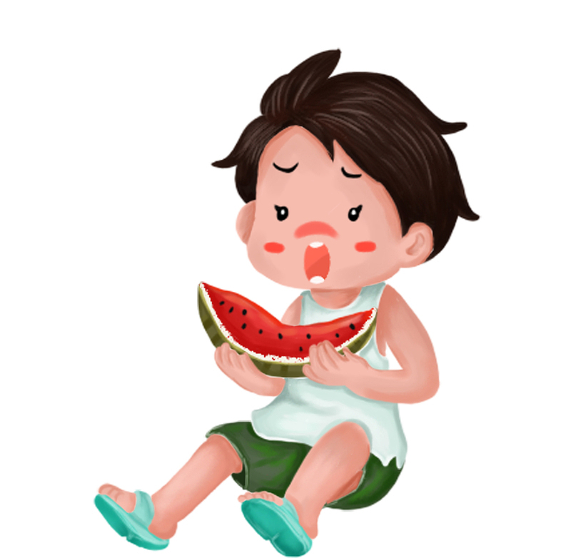 卡通手绘小孩吃西瓜