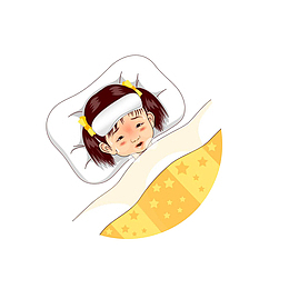 卡通发烧难受躺在床上的小女孩素