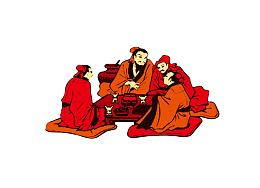 手绘红色古人饮酒聚会