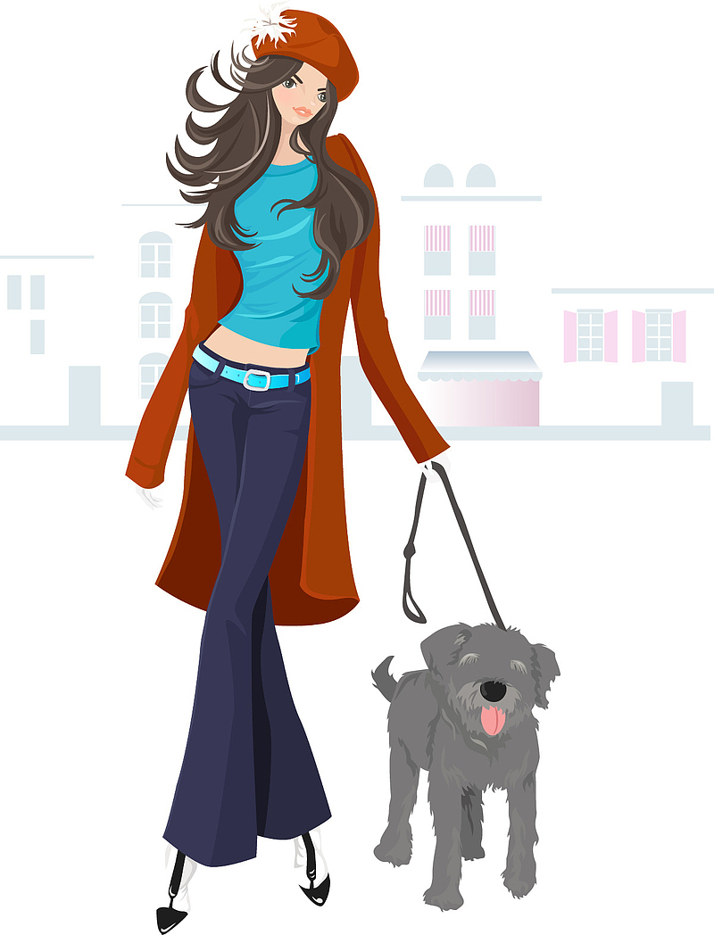 时尚插图牵着小狗的时髦女郎