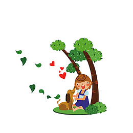 和小狗在树下玩耍的女孩