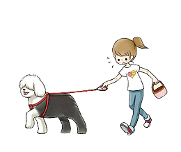 拉着狗绳满头大汗走着的人