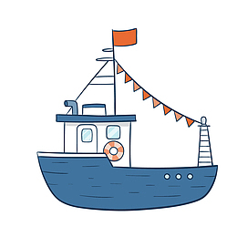 红色旗帜的蓝色捕鱼船