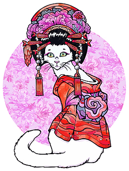 矢量粉色日本艺妓猫咪