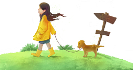 手绘插画踏青牵小狗散步女孩插图