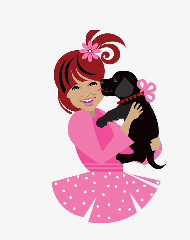 矢量彩色抱狗狗的小公主