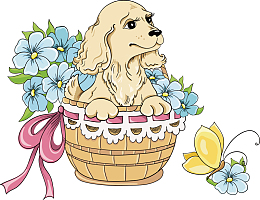 矢量手绘卡通花篮小狗素材