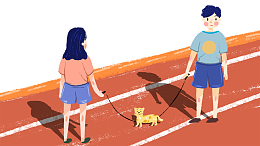 免抠卡通手绘操场上遛狗的情侣