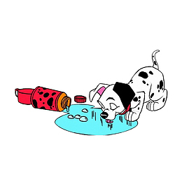 卡通打翻水壶喝水的小狗素材