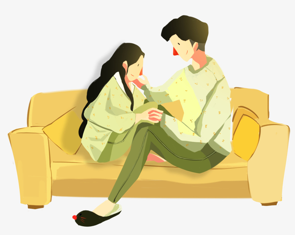 手绘插画情侣插图坐在沙发的男孩