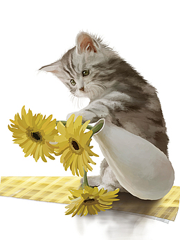 免抠卡通手绘猫咪菊花装饰