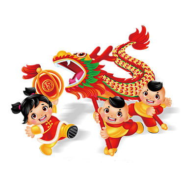 一群卡通小孩舞龙