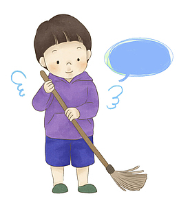 卡通人物插图手拿拖把擦地的小孩