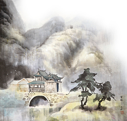 手绘风雨桥楼阁水墨画