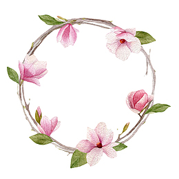 粉红色花圈玉兰花瓣和树叶实物