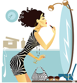 时髦女郎对着镜子化妆侧面插图