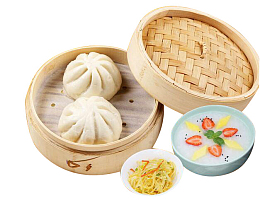 实物早餐小笼蒸包咸菜大米粥