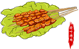 卡通手绘荷叶烤肉插画