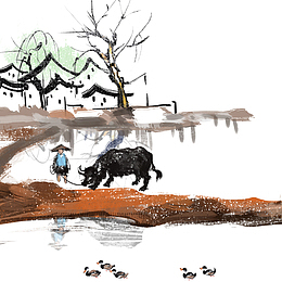 清明节水墨风放牛的孩子