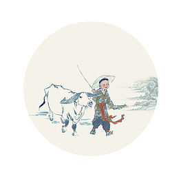 清明水墨风圆形放牛的孩子