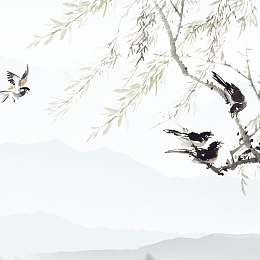 清明节水墨风柳叶燕子山水画