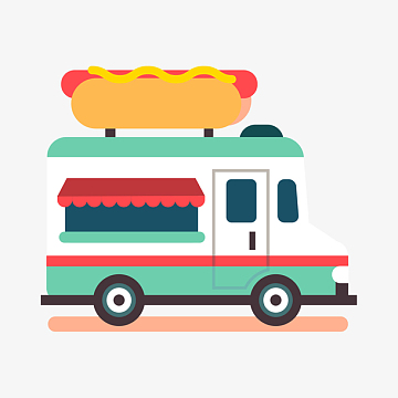 png手绘卡通快餐车热狗png一辆黑白色一侧开早餐车png卡通黄黑色快餐
