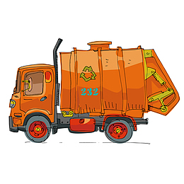 矢量黄色手绘垃圾车扁平卡车