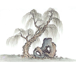 水墨画石头旁边的松树国画松树