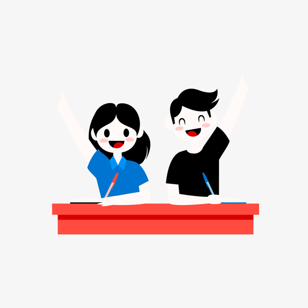 卡通积极上课的学生们