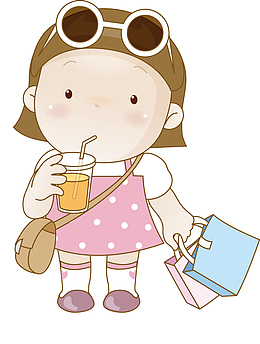 卡通喝果汁的小女孩