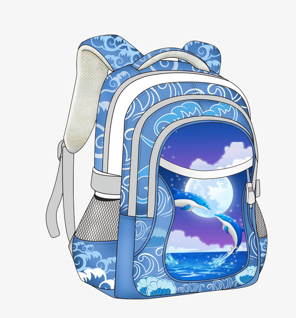 卡通蓝色手绘学生背包png