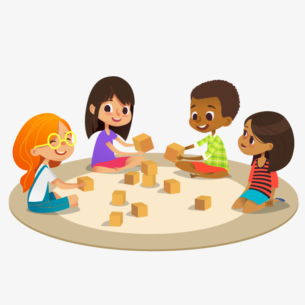 围在一起玩积木的卡通学生