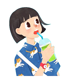 手绘美女喝果汁