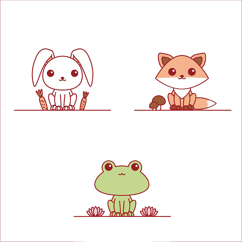 三只手绘卡通动物兔子狐狸青蛙