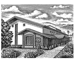 欧式庄园风格建筑单色木刻版画