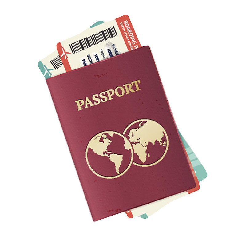 红色封面国际护照夹着机票实物