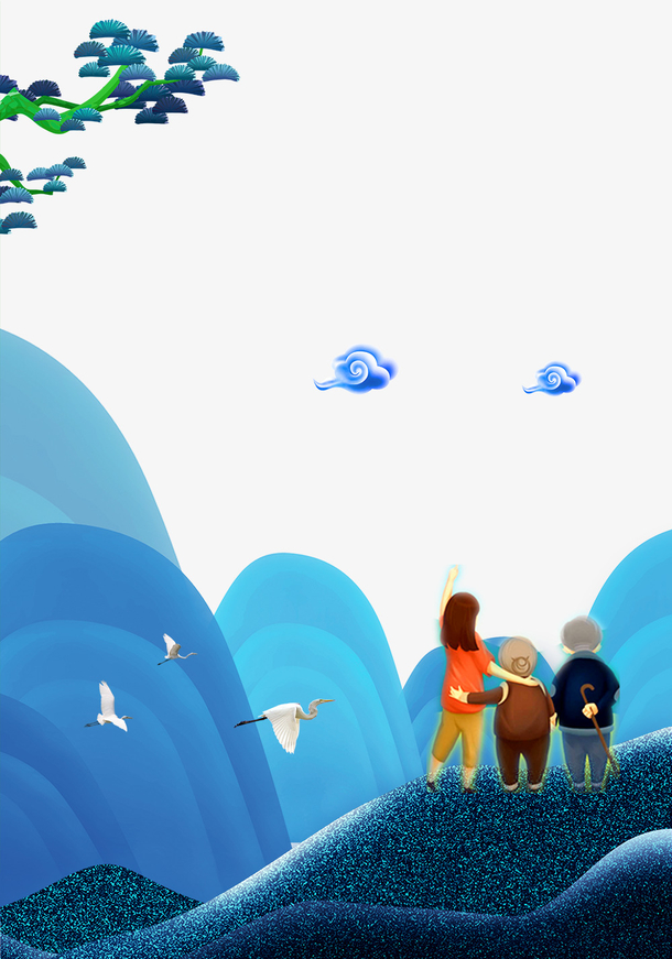 免抠卡通手绘山峰上看风景的老人