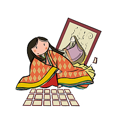 卡通独自玩着扑克牌的女孩素材