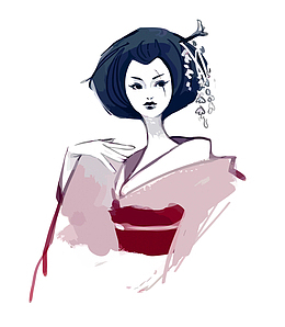 矢量水彩日本艺妓