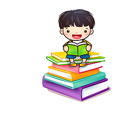 坐在书本上看书的男孩