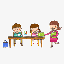 卡通乖乖坐着等老师发书本的小学
