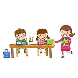 卡通乖乖坐着等老师发书本的小学