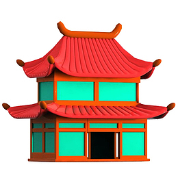 卡通红色砖顶古典楼阁