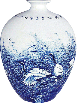 芦苇仙鹤水墨青花瓷瓶免扣png