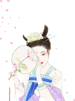 手绘手持团扇的古典美女